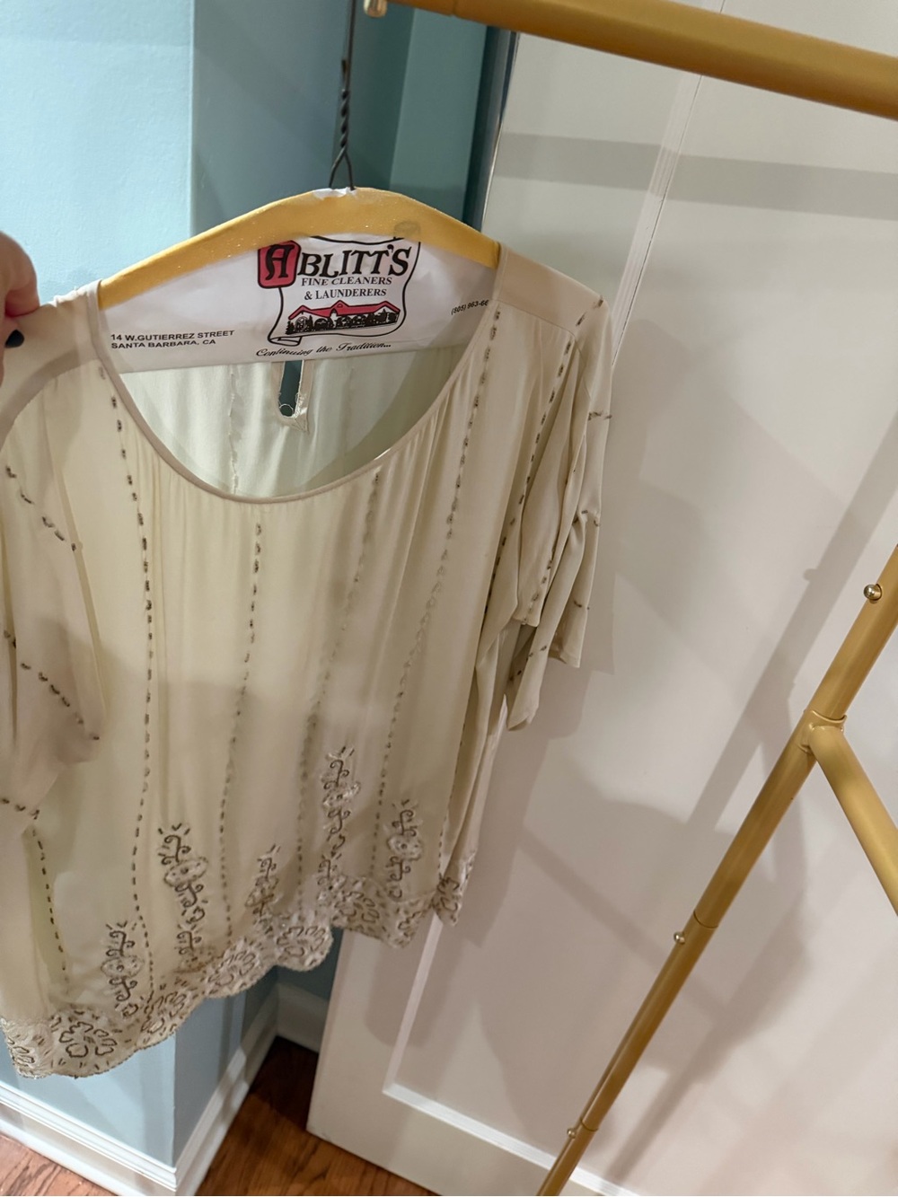 Embellished Cream Short-Sleeve Women's Blouse